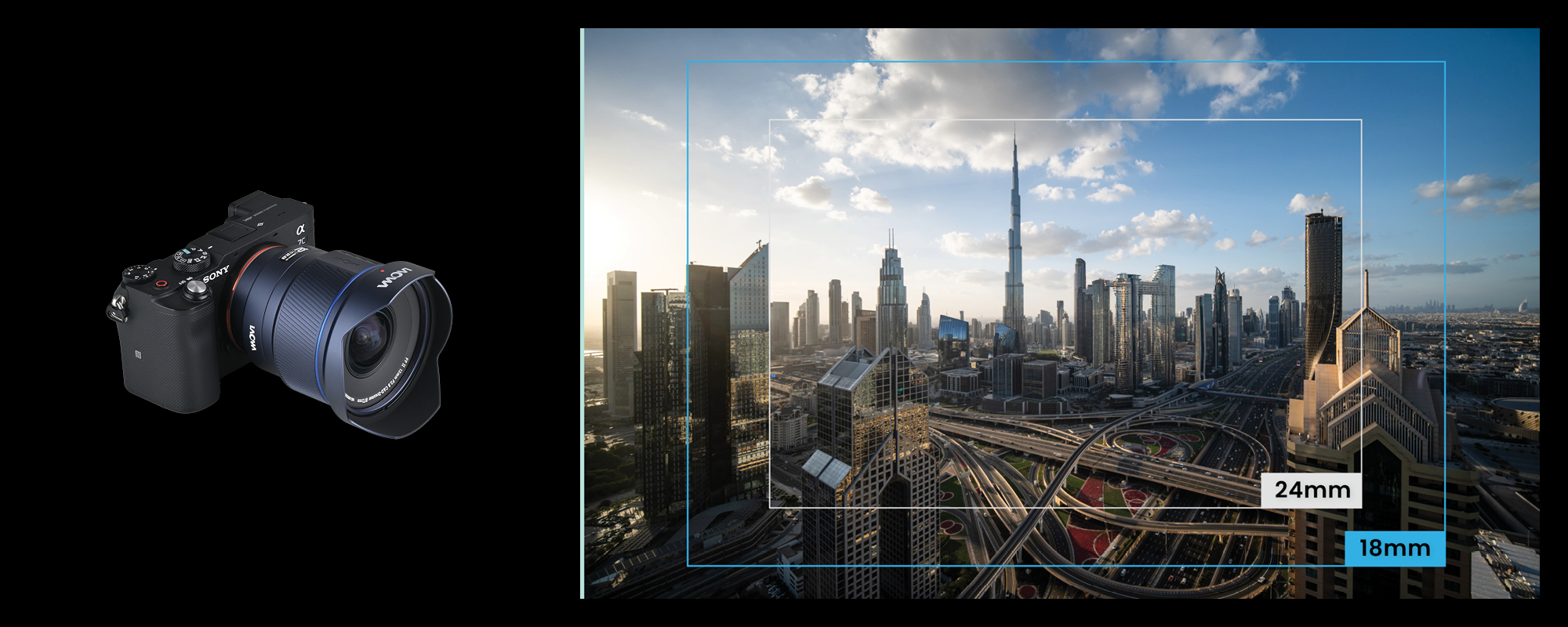 Obiektyw Laowa 12 mm f/2,8 Lite Zero-D FF z AF - Sony E obok zdjęcia prezentującego jego pole obrazowe